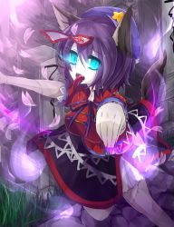 Rule 34 | 1girl, :p, animal ears, bad id, bad pixiv id, blue eyes, blue hair, fang, female focus, fingernails, ghost, glowing, glowing eyes, graveyard, hat, highres, hitodama, jiangshi, kaenuco, kemonomimi mode, long fingernails, matching hair/eyes, miyako yoshika, ofuda, open mouth, outstretched arms, petals, scar, short hair, skirt, solo, star (symbol), stitches, tail, tombstone, tongue, tongue out, touhou, zombie pose