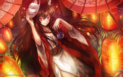 Rule 34 | 1girl, animal ears, breasts, brown hair, cleavage, fox ears, fox mask, holding, japanese clothes, kimono, lampion, long hair, looking at viewer, luzi, mask, oil-paper umbrella, original, parted lips, red eyes, small breasts, smile, solo, umbrella, watermark, web address, yukata