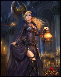 Rule 34 | 1girl, absurdres, arch, ass, axe, battle axe, black footwear, blonde hair, blue eyes, boots, candle, choker, cross-laced footwear, dragon&#039;s shadow, highres, indoors, ken (kenshjn park), kenshjn park, knee boots, lace-up boots, lantern, long hair, puffy sleeves, see-through, solo, weapon, wide sleeves, wings
