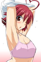 Rule 34 | 1girl, ahoge, aino heart, aq interactive, arcana heart, armpits, arms behind head, arms up, atlus, blush, breasts, examu, heart, heart ahoge, highres, looking at viewer, one eye closed, open mouth, pink hair, red eyes, red hair, school uniform, short hair, small breasts, solo, sports bra, tank top, undressing, utamaro