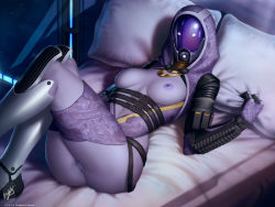 Rule 34 | 1girl, alien, breasts, breasts out, cleft of venus, looking at viewer, mass effect (series), nipples, pussy, quarian, solo, source request, tagme, tali&#039;zorah, themaestronoob