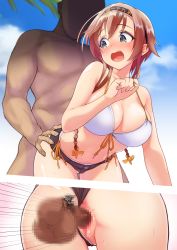 Rule 34 | 1boy, 1girl, all fours, ass, ass grab, bare arms, bare shoulders, bikini, bikini bottom aside, black headband, blush, braid, breasts, brown hair, censored, clothed female nude male, clothed sex, clothes writing, clothing aside, commentary request, day, doggystyle, hachimaki, hair flaps, hair ornament, hairband, headband, hetero, highres, kantai collection, large breasts, light brown hair, looking back, male pubic hair, mosaic censoring, navel, nude, open mouth, outdoors, penis, propeller hair ornament, pubic hair, pussy, rampage 2nd, sex, sex from behind, short hair, surprised, swimsuit, teruzuki (kancolle), twin braids, vaginal, white bikini