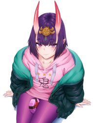 Rule 34 | 1girl, between thighs, black jacket, blush, bob cut, breasts, casual, contemporary, drawstring, eyeliner, fate/grand order, fate (series), female focus, from above, headpiece, highres, hood, hooded jacket, hooded sweater, horns, incloud, jacket, long sleeves, looking at viewer, makeup, oni, open clothes, open jacket, pink sweater, purple eyes, purple hair, short hair, shuten douji (fate), shuten douji (under the same sky) (fate), simple background, sitting, skin-covered horns, small breasts, smile, solo, sweater, thighs, under the same sky, white background