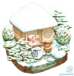 Rule 34 | artist name, bear, bird, black eyes, blue scarf, blush, bonsai, cup, earmuffs, fish, holding, holding cup, holding umbrella, koi, looking at another, looking away, no humans, oil-paper umbrella, original, outdoors, penguin, red scarf, scarf, sitting, snow, snowing, st.kuma, standing, steam, tree, twitter username, umbrella, window, yellow scarf