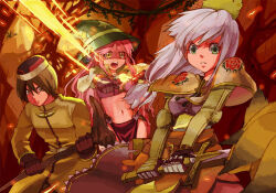 1boy 2girls acolyte_(ragnarok_online) bad_id bikini bikini_top_only biretta breasts brown_bikini brown_capelet brown_dress brown_gloves brown_hair brown_skirt capelet cassock chest_guard closed_mouth cowboy_shot dress elbow_gloves floral_print forest frown gloves green_eyes green_hat hat holding holding_staff holding_sword holding_wand holding_weapon lala_(sputnik) long_hair long_sleeves looking_at_viewer mage_(ragnarok_online) magic midriff multiple_girls nature navel open_mouth pink_hair plant ragnarok_online rose_print short_hair skirt small_breasts staff swimsuit sword swordsman_(ragnarok_online) vines wand weapon white_hair witch_hat yellow_eyes