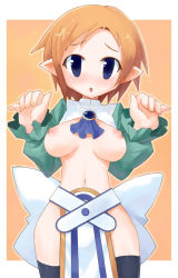 Rule 34 | 1girl, :o, ascot, bad id, bad pixiv id, belt, black thighhighs, blue eyes, blush, bow, breasts, disgaea, embarrassed, gem, green shirt, large breasts, loincloth, looking at viewer, magic knight (disgaea), midriff, naked tabard, navel, necktie, nipples, no bra, no panties, open clothes, open shirt, orange hair, pointy ears, puffy nipples, shirt, short hair, solo, standing, striped, surprised, tabard, thighhighs, tsudero, turtleneck