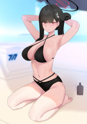 Rule 34 | 1girl, armpits, arms behind head, barefoot, bikini, black bikini, black hair, blue archive, breasts, cleavage, hair ornament, hairclip, halo, highres, large breasts, long hair, looking at viewer, moebell, navel, red eyes, rio (blue archive), sideboob, sitting, smile, solo, swimsuit, wariza