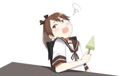 Rule 34 | 1girl, annin musou, bad id, bad twitter id, brown eyes, brown hair, brown sailor collar, chair, commentary request, food, hair ribbon, kantai collection, open mouth, ponytail, popsicle, ribbon, round teeth, sailor collar, school uniform, serafuku, shikinami (kancolle), short hair, short ponytail, simple background, sitting, solo, squiggle, table, teeth, upper body, upper teeth only, watermelon bar, white background