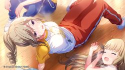 Rule 34 | 3girls, blonde hair, bow, braid, breath, closed eyes, cygames, dripping, exhausted, floor, from above, hair bow, hair ornament, hair ribbon, hands on floor, highres, idoly pride, knees up, looking up, lying, messy hair, multiple girls, narumiya suzu, official art, on side, open mouth, pants, ponytail, purple eyes, ribbon, shiraishi saki, shoes, side braid, sidelocks, sitting, sweat, sweatpants, whistle, wooden floor