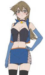 Rule 34 | 1girl, adapted costume, alternate costume, bare shoulders, black bustier, black collar, black thighhighs, blonde hair, blue gloves, blue vest, blush, breasts, breasts apart, brown eyes, bustier, clenched hand, closed mouth, collar, collarbone, commentary, commentary request, cowboy shot, cross-laced clothes, cross-laced slit, double-parted bangs, elbow gloves, flat color, gloves, hair between eyes, hands on own hips, highres, long hair, looking at viewer, low neckline, medium breasts, midriff, miniskirt, navel, open clothes, open vest, pencil skirt, rourou ill, shiny skin, side slit, simple background, skindentation, skirt, sleeveless, solo, standing, sweat, taut clothes, taut skirt, tenjouin asuka, thighhighs, vest, white background, yu-gi-oh!, yu-gi-oh! gx, zettai ryouiki