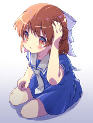 Rule 34 | 1girl, akayama yukihe, blue dress, blush, bow, brown eyes, brown hair, child, clannad, closed mouth, commentary request, dress, from above, frown, full body, hair between eyes, hair bow, half updo, hand on own head, highres, kindergarten uniform, long hair, looking at viewer, medium hair, necktie, okazaki ushio, sailor collar, sailor dress, short sleeves, sidelighting, simple background, sitting, solo, tareme, white background, white bow, white necktie, white sailor collar