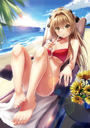 Rule 34 | 10s, 1girl, amagi brilliant park, barefoot, beach, bikini, bison cangshu, bow, breasts, brown eyes, brown hair, chair, cleavage, cloud, day, drinking, feet, feet together, flower, glass, greek toe, hair bow, hair intakes, hair ribbon, horizon, large breasts, legs, lens flare, long hair, looking at viewer, lounge chair, o-ring, o-ring bikini, ocean, outdoors, ponytail, red bikini, ribbon, sento isuzu, sitting, sky, solo, sparkle, sunflower, swimsuit, toes, underboob, water