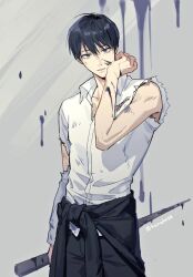 Rule 34 | 1boy, akabane yu, black hair, character request, clothes around waist, collarbone, collared shirt, copyright request, cowboy shot, grey background, grey eyes, hair between eyes, hand on own face, holding, holding weapon, looking at viewer, male focus, paint stains, parted lips, shirt, short hair, solo, standing, teeth, torn clothes, torn shirt, weapon, white shirt