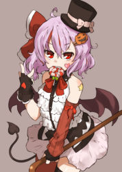 Rule 34 | 1girl, alternate costume, amonitto, arm warmers, asymmetrical clothes, bare shoulders, bat wings, black gloves, black thighhighs, bow, brown thighhighs, candy, cane, demon girl, demon tail, dress, facepaint, facial mark, fingerless gloves, food, gloves, hair bow, hair ornament, hairclip, halloween, hat, heart, jack-o&#039;-lantern, lollipop, mini hat, mini top hat, mouth hold, purple hair, red eyes, remilia scarlet, sleeveless, sleeveless dress, solo, star (symbol), tail, thighhighs, top hat, touhou, white dress, wings, zettai ryouiki
