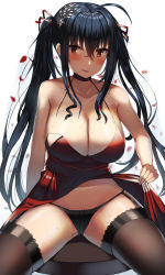Rule 34 | 1girl, :d, ahoge, azur lane, bare shoulders, black hair, black panties, black thighhighs, blush, breasts, choker, cleavage, clothes lift, cocktail dress, collarbone, dress, dress lift, garter straps, hair between eyes, hair ornament, hair ribbon, highres, huge breasts, large breasts, lifted by self, long hair, looking at viewer, miamuly, official alternate costume, open mouth, panties, red choker, red dress, red eyes, ribbon, sitting, smile, solo, spread legs, taihou (azur lane), taihou (forbidden feast) (azur lane), thighhighs, twintails, underwear, very long hair, wet