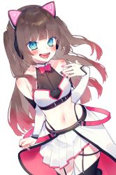 Rule 34 | 1girl, absurdres, aqua eyes, bare shoulders, belt, black belt, black nails, black thighhighs, blue eyes, blunt bangs, blush, bow, bowtie, brown hair, bustier, chiyomaru (yumichiyo0606), collar, detached sleeves, garter straps, gradient eyes, gradient hair, highres, hololive, long hair, looking at viewer, midriff, miniskirt, multicolored eyes, multicolored hair, multicolored nails, nail polish, natsuiro matsuri, natsuiro matsuri (re:start), navel, open mouth, overskirt, pink bow, pink bowtie, pink nails, pleated skirt, red hair, see-through, simple background, skirt, skirt set, smile, solo, thigh strap, thighhighs, two side up, very long hair, virtual youtuber, white background, white collar, white skirt, white sleeves, zettai ryouiki