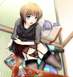 Rule 34 | 1girl, blue eyes, brown hair, clothes lift, crotchless, crotchless panties, female pubic hair, garter belt, hiyoko daiou, magazine (object), open mouth, panties, pubic hair, pussy, sitting, skirt, skirt lift, solo, thighhighs, uncensored, underwear, upskirt