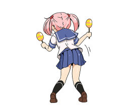 Rule 34 | 10s, 1girl, closed eyes, from behind, hair bobbles, hair ornament, instrument, kantai collection, lowres, maracas, open mouth, pink hair, sazanami (kancolle), school uniform, serafuku, shino (ponjiyuusu), short hair, simple background, smile, solo, twintails