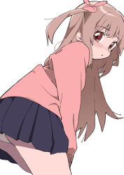 Rule 34 | &gt; &lt;, 1girl, ass, black skirt, blush, commentary, hair ornament, kaijarisuigyo, leaning forward, light brown hair, long hair, long sleeves, looking at viewer, looking back, natori sana, panties, pantyshot, pink sweater, pleated skirt, rabbit hair ornament, red eyes, sana channel, simple background, skirt, solo, standing, sweater, symbol-only commentary, two side up, underwear, virtual youtuber, white background, white panties