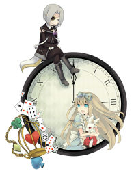 Rule 34 | 1boy, 1girl, :o, alice (alice in wonderland), alice in wonderland, alice liddell (kuni no alice), animal, apron, belt, blonde hair, blue bow, blue dress, blue eyes, boots, bow, cage, card, chain, clock, clothed animal, clubs, cross-laced footwear, detached sleeves, diamond (shape), dress, eyebrows, eyepatch, grey eyes, hair bow, heart, heart no kuni no alice, heart print, hug, lace-up boots, long hair, long sleeves, looking back, mitsu toki, mitsutoki, nightmare gottschalk, open mouth, pants, parted bangs, peter white, playing card, puffy short sleeves, puffy sleeves, rabbit, red eyes, roman numeral, short hair, short sleeves, silver hair, simple background, sitting, smile, spade, tail, very long hair, white apron, white background, white rabbit (alice in wonderland), wrist cuffs