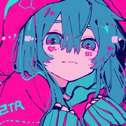 Rule 34 | 1girl, 2sbd0, absurdres, blue eyes, blue hair, choker, close-up, eyebrows hidden by hair, hair between eyes, hatsune miku, heart, high contrast, highres, hood, hoodie, jacket, limited palette, looking at viewer, number tattoo, pink jacket, sleeves past wrists, solo, tattoo, vocaloid