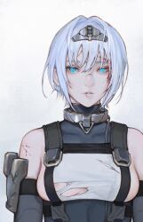 Rule 34 | 1girl, absurdres, areola slip, bare shoulders, blue eyes, gradient background, grey background, hair between eyes, headpiece, highres, injury, iuui, looking at viewer, original, short hair, simple background, sleeveless, solo, torn clothes, upper body, white hair