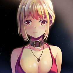 Rule 34 | 1girl, bare shoulders, black collar, blonde hair, blush, breasts, cleavage, closed mouth, collar, collarbone, commentary request, highres, looking at viewer, lycoris recoil, medium breasts, nishikigi chisato, red eyes, short hair, smile, solo, staryume
