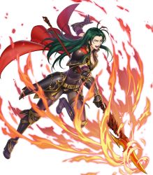 Rule 34 | 1girl, armor, bodysuit, boots, breasts, cape, cleavage, earrings, female focus, fire, fire emblem, fire emblem: path of radiance, fire emblem heroes, full body, gloves, green hair, high heel boots, high heels, highres, holding, holding spear, holding weapon, jewelry, lipstick, long hair, makeup, nintendo, official art, open mouth, polearm, prague (fire emblem), purple eyes, smile, solo, spear, teeth, transparent background, weapon