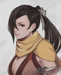 Rule 34 | 1girl, artist name, black hair, breasts, brown eyes, cleavage, cm lynarc, fire emblem, fire emblem fates, fire emblem heroes, hair over one eye, hair ribbon, highres, kagero (fire emblem), large breasts, lips, looking at viewer, nintendo, pink ribbon, ponytail, ribbon, scarf, solo, upper body, white background, yellow scarf