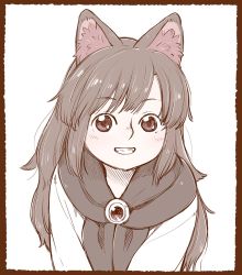 Rule 34 | 1girl, aged down, animal ear fluff, animal ears, black scarf, border, brooch, brown border, brown hair, commentary request, grin, imaizumi kagerou, jewelry, long hair, long sleeves, looking at viewer, poronegi, red eyes, scarf, simple background, smile, solo, touhou, upper body, white background, wolf ears