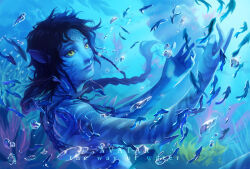 Rule 34 | 1girl, air bubble, alien, avatar: the way of water, bare shoulders, blue hair, blue sclera, blue skin, blue theme, bubble, colored sclera, colored skin, commentary, english commentary, english text, fish, highres, james cameron&#039;s avatar, james cameron's avatar, kiri (avatar), long hair, na&#039;vi, pointy ears, shiyuu (shiyu), smile, solo, submerged, swimming, tribal, underwater, water, yellow eyes