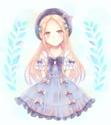 Rule 34 | 1girl, abigail williams (animejapan 2018) (fate), abigail williams (fate), arms behind back, black hat, blonde hair, blue bow, blue dress, blush, bow, brown eyes, closed mouth, commentary request, dress, fate/grand order, fate (series), forehead, hair bow, hat, head tilt, highres, long hair, looking at viewer, official alternate costume, parted bangs, short sleeves, smile, solo, tsukima chiko, very long hair, white background, white bow