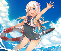 Rule 34 | 10s, 1girl, arm up, armpits, blonde hair, blue eyes, blush, cloud, covered navel, crop top, crop top overhang, day, flower, hair flower, hair ornament, hinauri (nurupon), kantai collection, leaning forward, lifebuoy, long hair, one-piece swimsuit, open mouth, ro-500 (kancolle), school swimsuit, sky, smile, solo, swim ring, swimsuit, tan, tanline, torpedo, wading, water, waves, waving