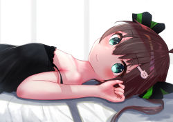 Rule 34 | absurdres, aged down, bed, black camisole, black ribbon, blue eyes, blush, brown hair, camisole, cat hair ornament, child, closed mouth, commentary, hair between eyes, hair ornament, hair ribbon, highres, hololive, looking at viewer, looking to the side, lying, natsuiro matsuri, on back, ontake2009, ribbon, short hair, solo, spaghetti strap, virtual youtuber