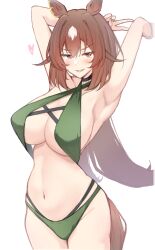 Rule 34 | 1girl, absurdres, alternate costume, animal ears, armpits, arms behind head, arms up, bikini, blush, breasts, brown hair, cleavage, commentary request, cowboy shot, criss-cross halter, ear ornament, green bikini, hair between eyes, halterneck, heart, highres, himuraanzu, horse ears, horse girl, horse tail, large breasts, long hair, looking at viewer, multicolored hair, navel, partial commentary, red eyes, seductive smile, simple background, sirius symboli (umamusume), smile, solo, streaked hair, swimsuit, tail, umamusume, v, very long hair, white background, white hair