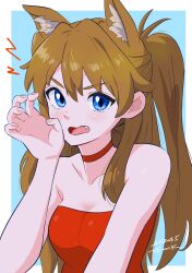 Rule 34 | 1girl, absurdres, angry, animal ears, blue eyes, breasts, brown hair, cat ears, choker, cleavage, collarbone, dress, fang, highres, medium breasts, neon genesis evangelion, red dress, solo, souryuu asuka langley, strapless, strapless dress, tsunemoku, twintails, v-shaped eyebrows