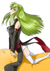 Rule 34 | 1girl, boots, breasts, c.c., cheese-kun, code geass, covered erect nipples, detached sleeves, female focus, green hair, long hair, solo, thighhighs, tsu chi miyuki, uniform, white background, white thighhighs, yellow eyes