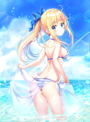 Rule 34 | 1girl, :o, absurdres, ahoge, arched back, ass, back, bad id, bad pixiv id, bare arms, bare shoulders, bikini, blonde hair, blue bikini, blue eyes, blue ribbon, blue sky, blush, breasts, bubble, caustics, cloud, cloudy sky, dana (hapong07), day, floating hair, hair ribbon, halterneck, highres, holding, horizon, long hair, looking at viewer, looking back, medium breasts, ocean, original, outdoors, parted lips, ponytail, ribbon, sarong, see-through, sidelocks, sky, solo, standing, striped bikini, striped clothes, swimsuit, thighs, wading, water, water drop, wet