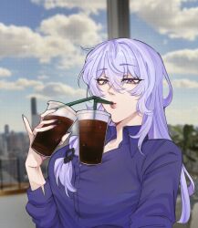 1girl alternate_costume balancing bendy_straw between_breasts black_swan_(honkai:_star_rail) breasts bubble_tea_challenge cleavage cup disposable_cup drink drinking drinking_straw drinking_straw_in_mouth hair_spread_out highres honkai:_star_rail honkai_(series) large_breasts long_hair looking_at_viewer object_on_breast object_on_pectorals purple_eyes purple_hair solo the_bearsun upper_body very_long_hair yellow_eyes