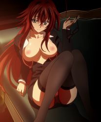 Rule 34 | 10s, 1girl, absurdres, blue eyes, breasts, female focus, glasses, high school dxd, highres, large breasts, long hair, looking at viewer, lying, nipples, panties, red hair, red panties, rias gremory, smile, solo, stitched, thighhighs, third-party edit, underwear