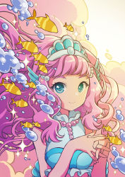Rule 34 | 1girl, artist name, bead necklace, beads, blue eyes, bubble, fins, fish, head fins, interlocked fingers, jewelry, kawanobe, laura la mer, long hair, necklace, own hands together, pink hair, precure, smile, tiara, tropical-rouge! precure, upper body, very long hair