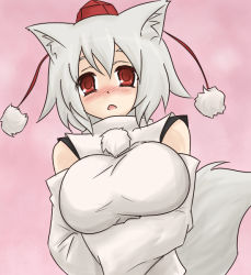 Rule 34 | 1girl, animal ears, blush, breast hold, breasts, detached sleeves, female focus, gradient background, hat, inubashiri momiji, large breasts, oro (zetsubou girl), red eyes, short hair, silver hair, solo, tail, tokin hat, touhou, wolf ears, wolf tail