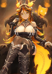 Rule 34 | 1girl, animal ears, bare shoulders, black bracelet, black bridal gauntlets, black leotard, black nails, black thighhighs, blonde hair, boots, bracelet, breasts, bridal gauntlets, brown hair, chain, choker, claws, cleavage, closed mouth, cross-laced clothes, cross-laced sleeves, crossed legs, demon horns, detached sleeves, feet out of frame, fire, gradient hair, hair between eyes, halterneck, highleg, highleg leotard, highres, horns, indie virtual youtuber, jewelry, knee boots, large breasts, leotard, long hair, looking at viewer, mascot, multicolored hair, neck ring, o-ring, o-ring thigh strap, orange eyes, orange hair, sinder (vtuber), sinder (vtuber) (2nd costume), sitting, skeletal tail, skull, smile, spiked bracelet, spikes, streaked hair, tail, thigh strap, thighhighs, throne, torn clothes, torn thighhighs, virtual youtuber, whispering for nothing, wolf ears, wolf girl, wolf tail