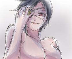 Rule 34 | 1girl, bare shoulders, black clover, black hair, eyepatch, hand on face, jinguu (timaya), looking at viewer, looking down, no bra, no nipples, open mouth, red eyes, short hair, smile, solo, topless, upper body, vanica zogratis, white background
