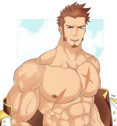 Rule 34 | 1boy, abs, bara, beard, blue eyes, brown hair, cloud, cloudy sky, epaulettes, facial hair, fate/grand order, fate (series), highres, long sideburns, looking at viewer, male focus, muscular, napoleon bonaparte (fate), nipples, open clothes, partially undressed, pectorals, scar, sky, smile, solo, souyata0502, tongue, tongue out, uniform, upper body, veins