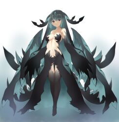Rule 34 | 1girl, 47agdragon, absurdres, alternate costume, black dress, black eyes, black hair, black thighhighs, blush, breasts, collarbone, colored tips, detached sleeves, dress, gradient background, gradient hair, highres, horns, looking at viewer, ma no mono-tachi, medium breasts, monster girl, multicolored hair, navel, parted lips, short hair, sleeves past fingers, sleeves past wrists, solo, thighhighs, third eye, wings