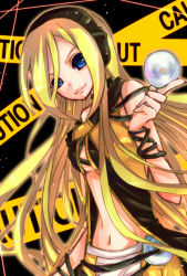 Rule 34 | 1girl, blonde hair, blue eyes, caution tape, cd, headphones, keep out, lily (vocaloid), smile, solo, vocaloid