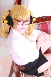 Rule 34 | 1girl, asian, blonde hair, breasts, cosplay, glasses, headphones, highres, jewelry, necklace, nitroplus, photo (medium), plump, solo, super pochaco, super pochaco (cosplay)
