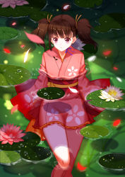 Rule 34 | 10s, 1girl, absurdres, brown eyes, brown hair, flower, highres, koutetsujou no kabaneri, lily pad, looking to the side, lotus, mumei (kabaneri), neck ribbon, obi, parted lips, partially submerged, petals, ribbon, sash, short hair, solo, water, zizou xingzao