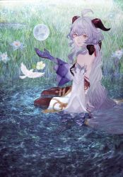 Rule 34 | 1girl, ahoge, bare shoulders, bird, black gloves, black legwear, blue flower, blue hair, bow, detached sleeves, flower, ganyu (genshin impact), genshin impact, glaze lily, gloves, grass, highres, horns, long hair, looking at viewer, low ponytail, orb, outdoors, partially submerged, purple eyes, qilin (mythology), qingxin flower, shirone (coxo ii), sidelocks, sitting, smile, solo, white flower, white sleeves